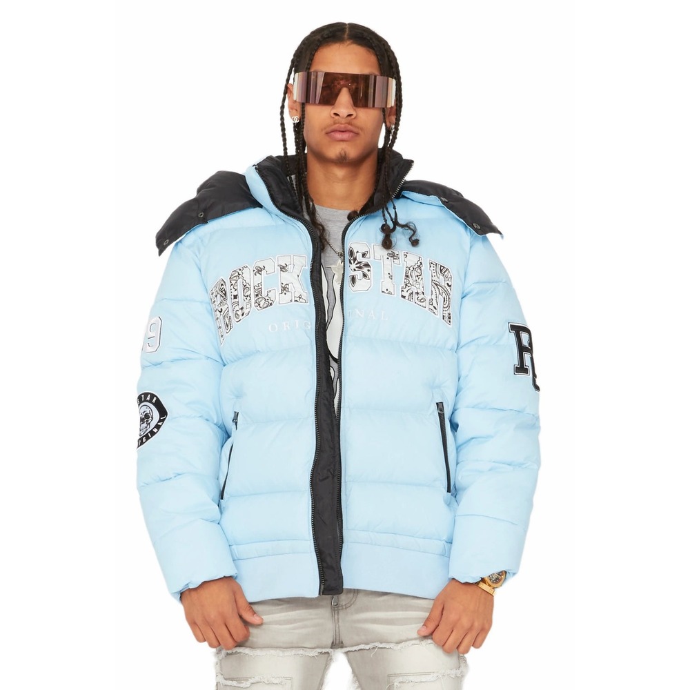 Rockstar Original Mens Blue Puffer Jacket Hooded Streetwear Coat Light Blue 2XL